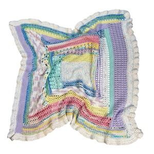Handmade Vintage Patchwork Crochet Baby Blanket Pastel Multicolor Ruffle Trim